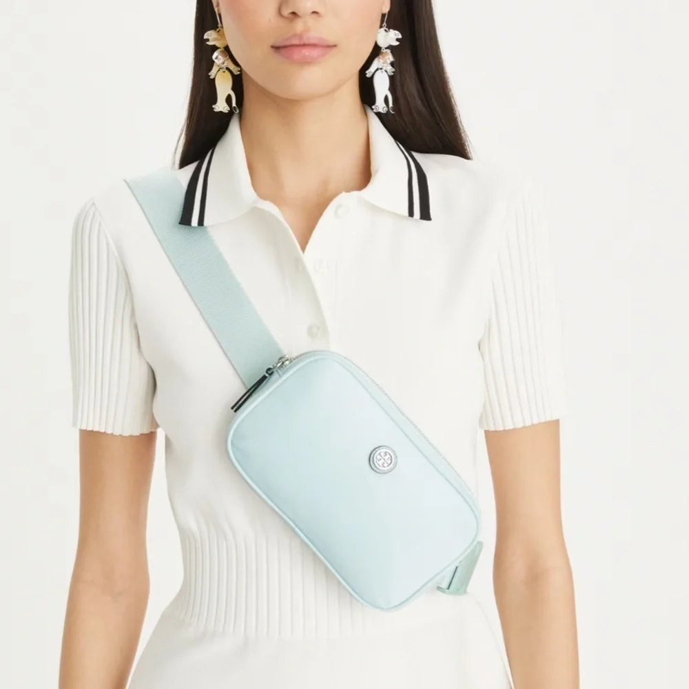 Tory Burch Virginia Nylon Belt Bag Crossbody Bag Ice Blue Silver Baby Blue Light